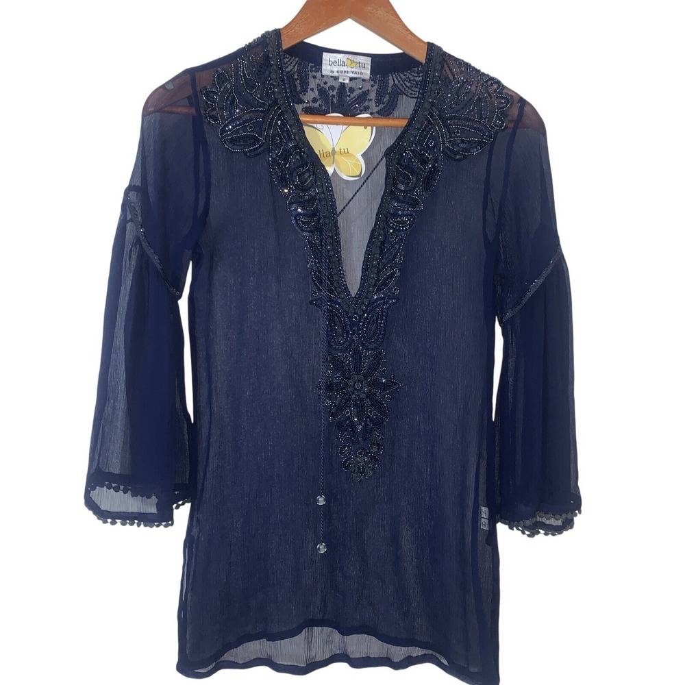 Bella Tu by Gopi Vaid Womens Silk Top 2 Navy Sheer Beaded Embroidered Boho Fairy